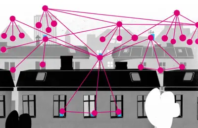 Roofs of houses connected with red dots and lines to symbolize the mesh network