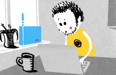 Person at the laptop with a router on the windowsill